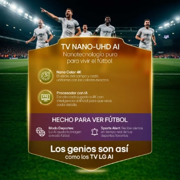 La imagen frontal y lateral de la LG NANO 4K UHD AI NU85 muestra una pantalla de 65 pulgadas con una anchura de 1447 mm, una altura de 838 mm, una altura con soporte de 901 mm, una profundidad de 70.8 mm y una base de 1185 por 269 mm.